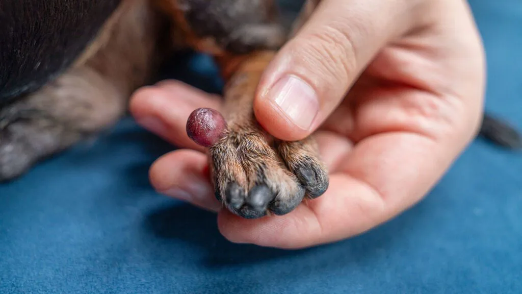 closeup of a dog's paw with a growth on it